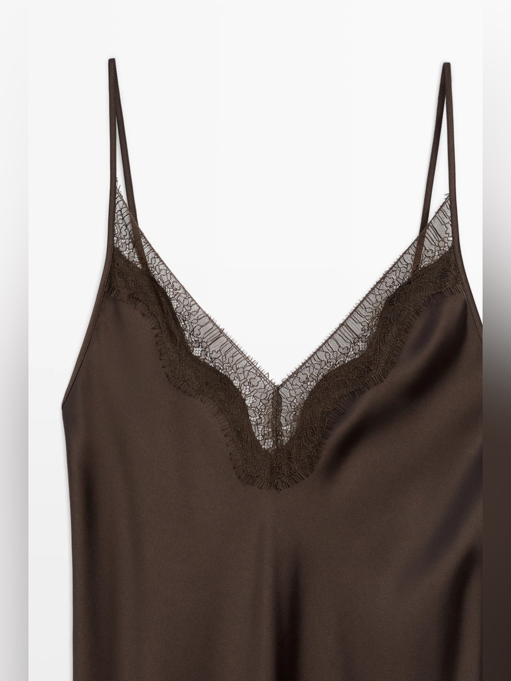 Massimo Dutti Satin Lace-Trim Slip Dress in Dark Brown - Picture 7 of 9